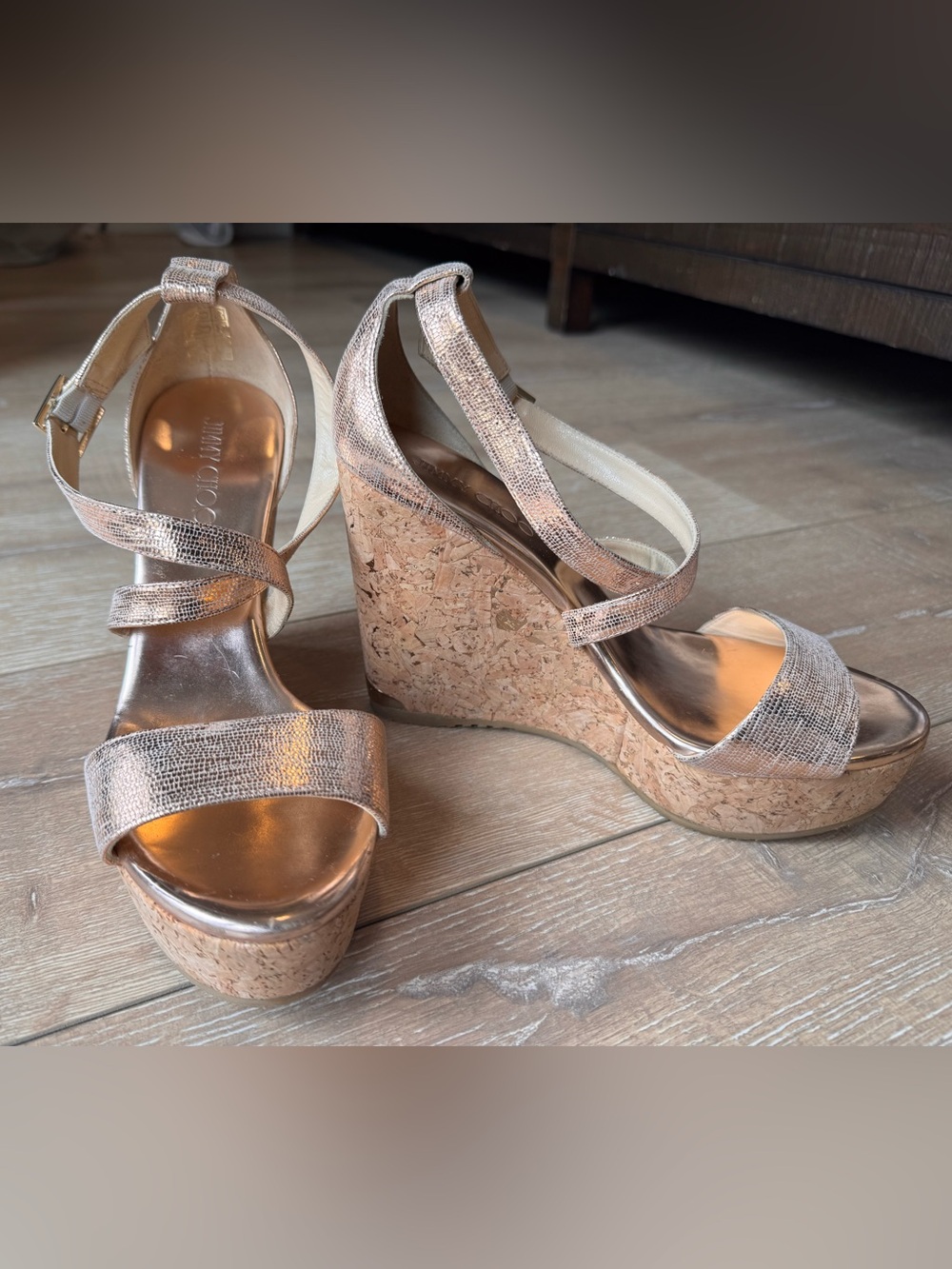 Jimmy Choo Rose Gold Metallic Cork Wedge Sandals